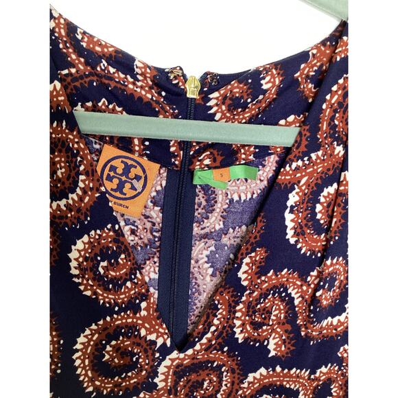 Tory Burch Rust Navy Print Silk Jersey Sleeveless Fitted Dress Zipper S - Picture 3 of 7